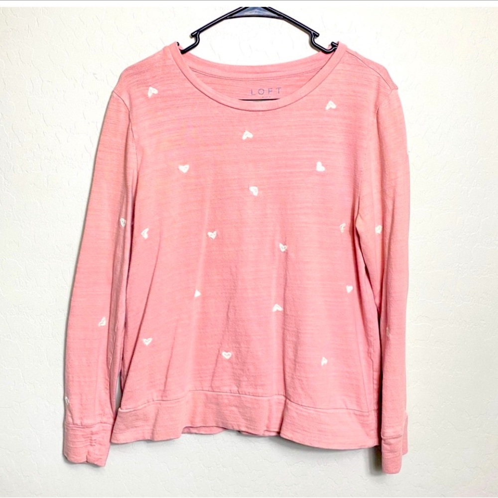 Loft Size Medium Pink White Embroidered Hearts Sweatshirt